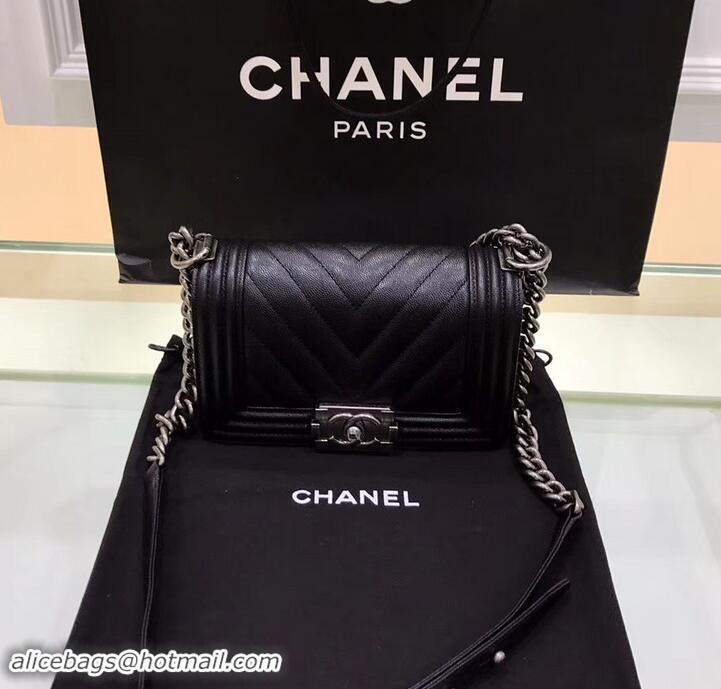 Perfect Chanel Original Quality small caviar chevron Boy Bag black With silver Hardware 616012