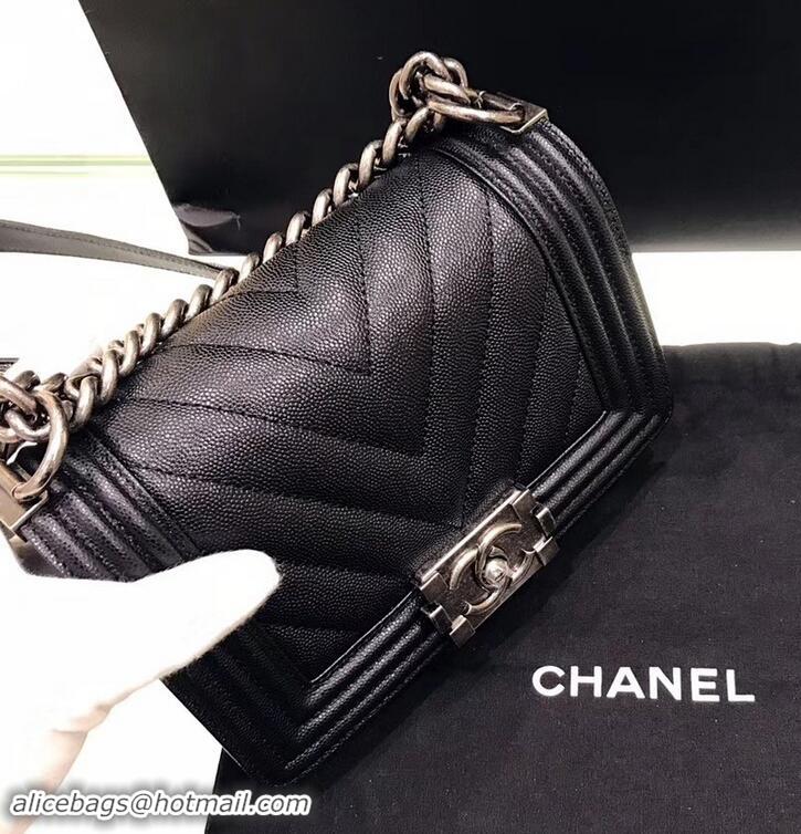 Perfect Chanel Original Quality small caviar chevron Boy Bag black With silver Hardware 616012