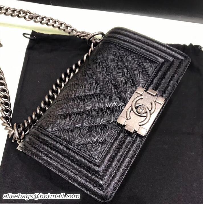 Perfect Chanel Original Quality small caviar chevron Boy Bag black With silver Hardware 616012