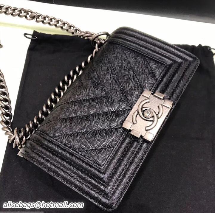 Perfect Chanel Original Quality small caviar chevron Boy Bag black With silver Hardware 616012