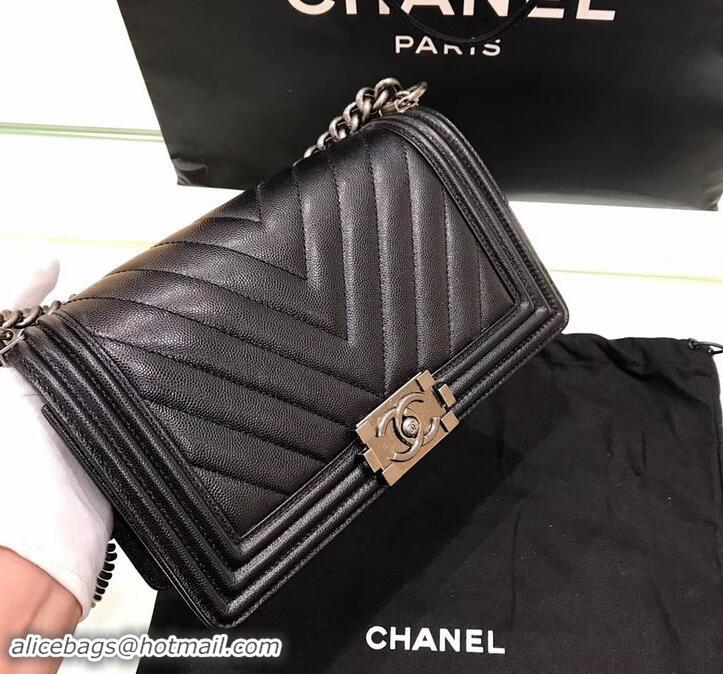 Hot Style Chanel Original Quality caviar chevron medium Boy Bag black With silver Hardware 616014