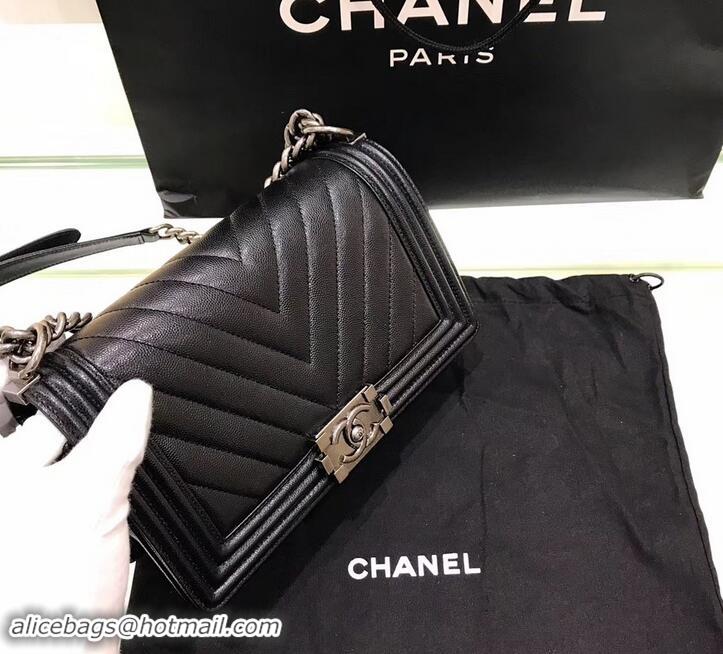 Hot Style Chanel Original Quality caviar chevron medium Boy Bag black With silver Hardware 616014