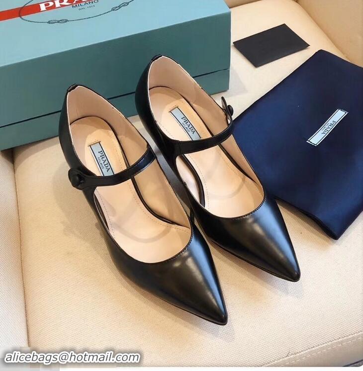 New Stylish Prada Heel 6cm Strap with Button Pumps Leather P96309 Black 2019