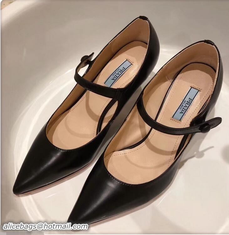 New Stylish Prada Heel 6cm Strap with Button Pumps Leather P96309 Black 2019