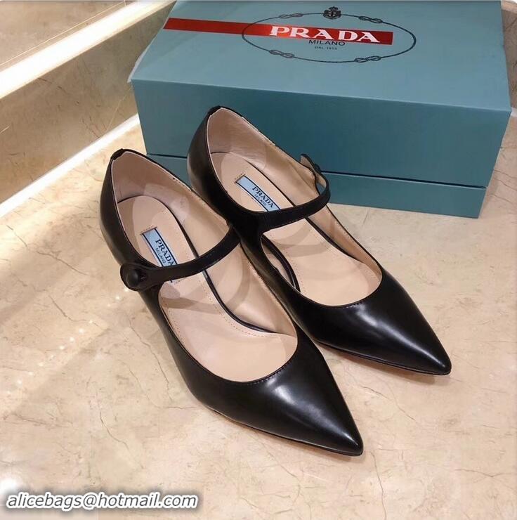 New Stylish Prada Heel 6cm Strap with Button Pumps Leather P96309 Black 2019