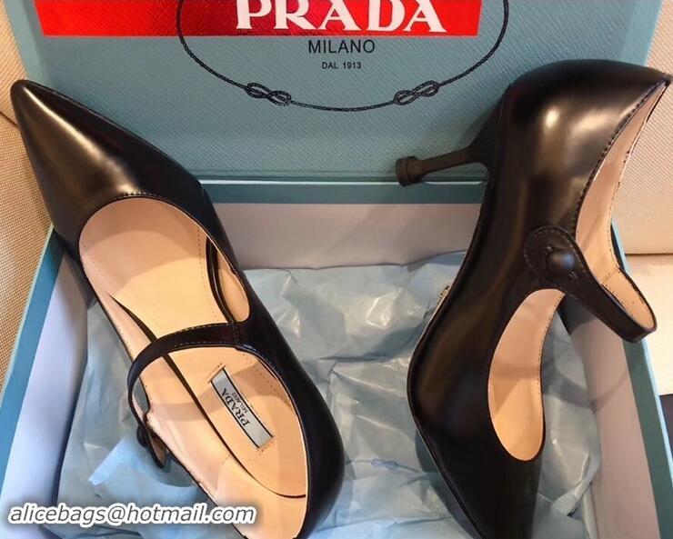 New Stylish Prada Heel 6cm Strap with Button Pumps Leather P96309 Black 2019