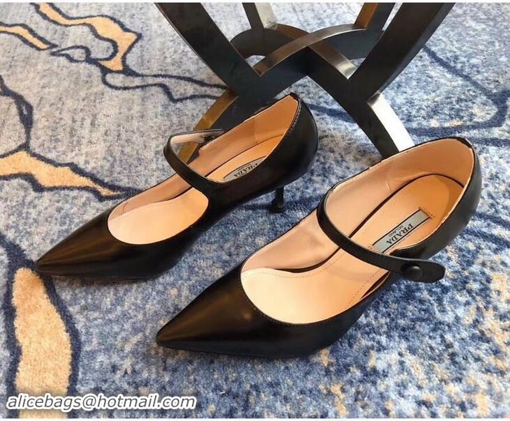 New Stylish Prada Heel 6cm Strap with Button Pumps Leather P96309 Black 2019