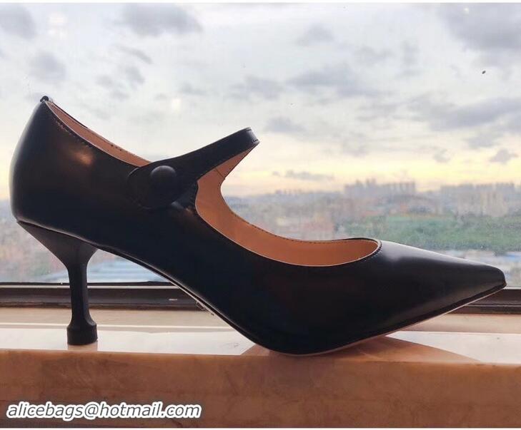 New Stylish Prada Heel 6cm Strap with Button Pumps Leather P96309 Black 2019