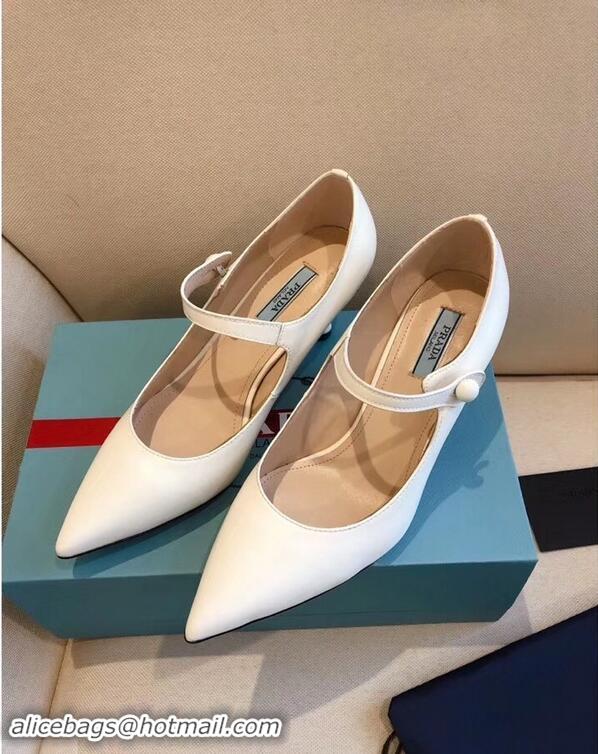 New Design Prada Heel 6cm Strap with Button Pumps Leather P96309 White 2019