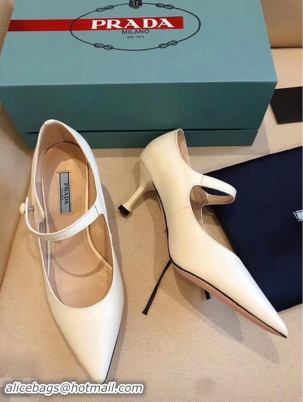 New Design Prada Heel 6cm Strap with Button Pumps Leather P96309 White 2019