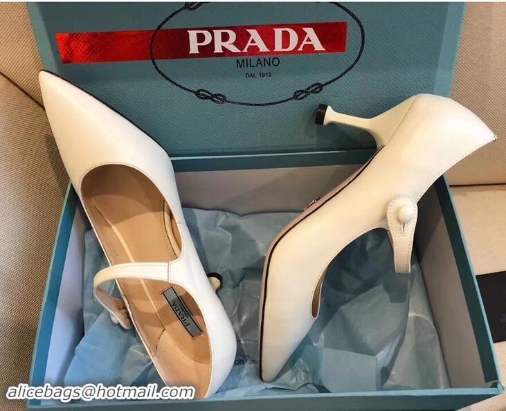 New Design Prada Heel 6cm Strap with Button Pumps Leather P96309 White 2019