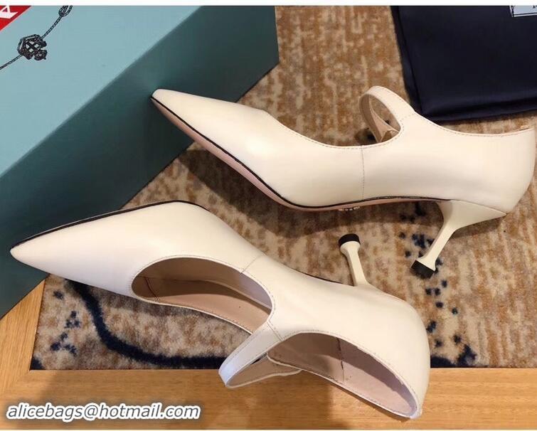 New Design Prada Heel 6cm Strap with Button Pumps Leather P96309 White 2019