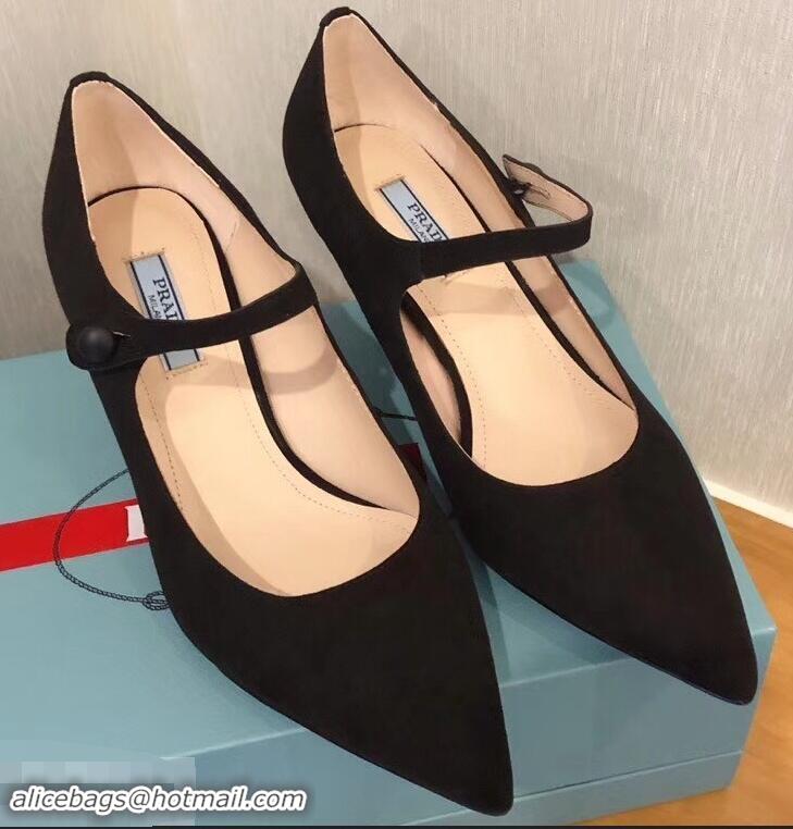 Cheapest Prada Heel 6cm Strap with Button Pumps P96311 Suede Black 2019