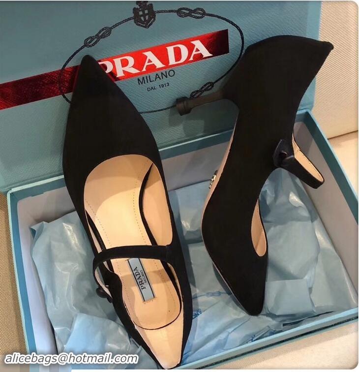 Cheapest Prada Heel 6cm Strap with Button Pumps P96311 Suede Black 2019