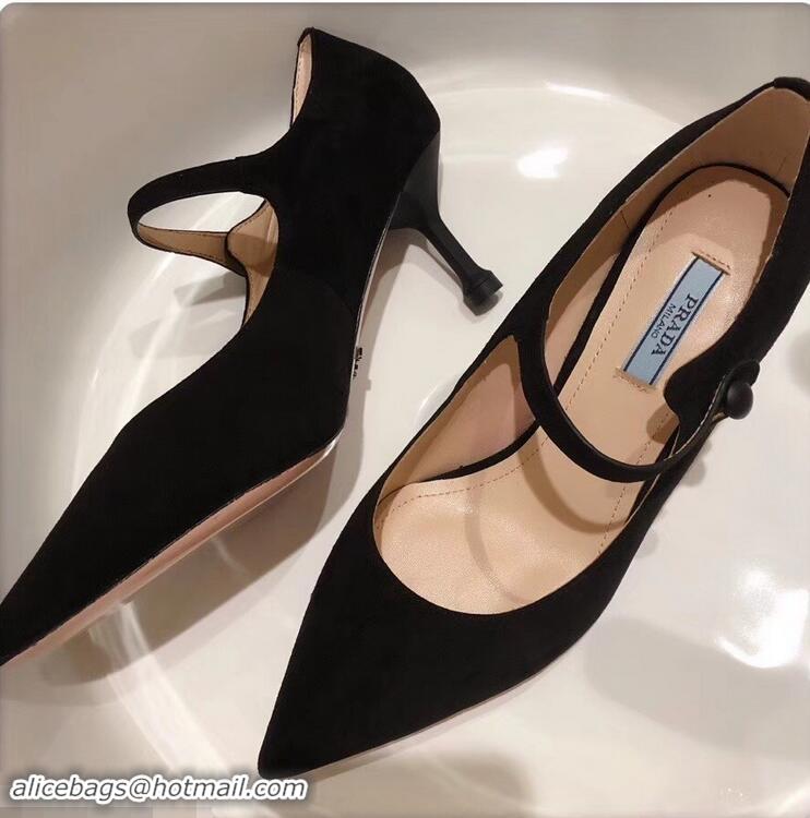 Cheapest Prada Heel 6cm Strap with Button Pumps P96311 Suede Black 2019