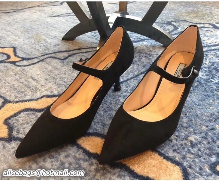 Cheapest Prada Heel 6cm Strap with Button Pumps P96311 Suede Black 2019