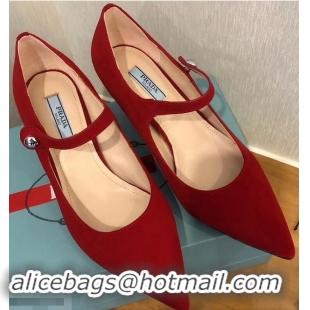 Hot Sale Prada Heel 6cm Strap with Button Pumps P96311 Suede Red 2019