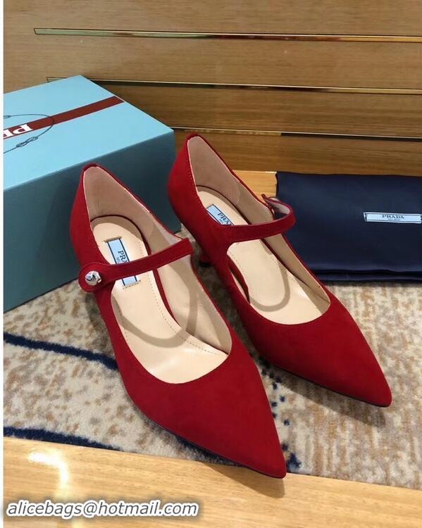 Hot Sale Prada Heel 6cm Strap with Button Pumps P96311 Suede Red 2019