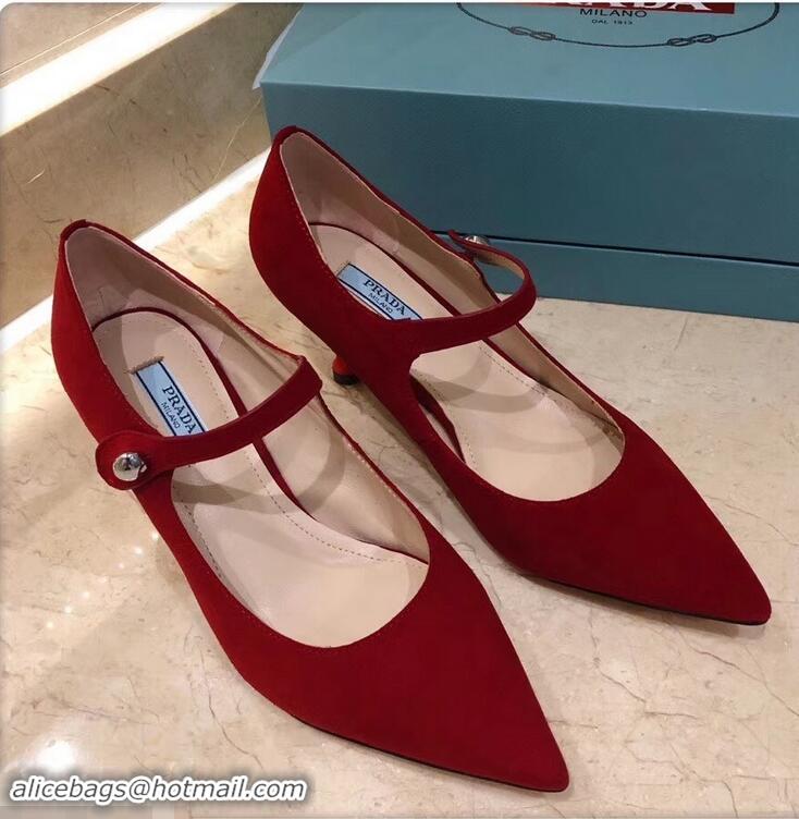 Hot Sale Prada Heel 6cm Strap with Button Pumps P96311 Suede Red 2019