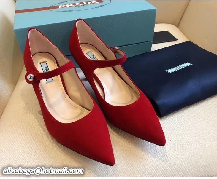 Hot Sale Prada Heel 6cm Strap with Button Pumps P96311 Suede Red 2019