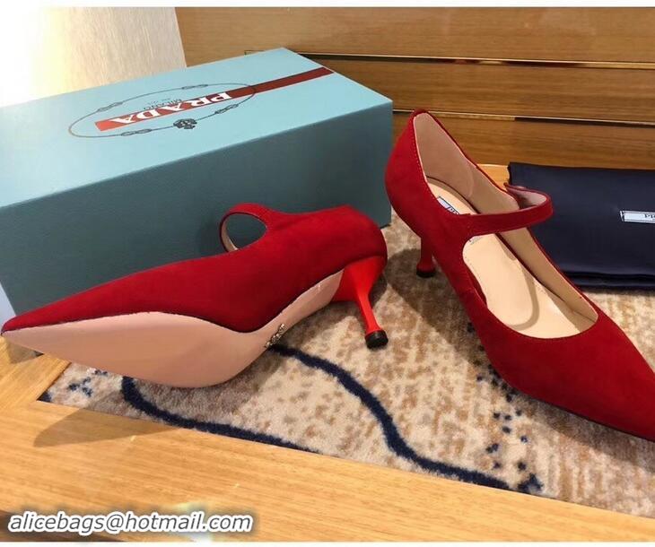 Hot Sale Prada Heel 6cm Strap with Button Pumps P96311 Suede Red 2019