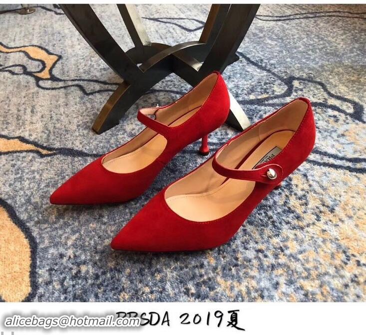 Hot Sale Prada Heel 6cm Strap with Button Pumps P96311 Suede Red 2019