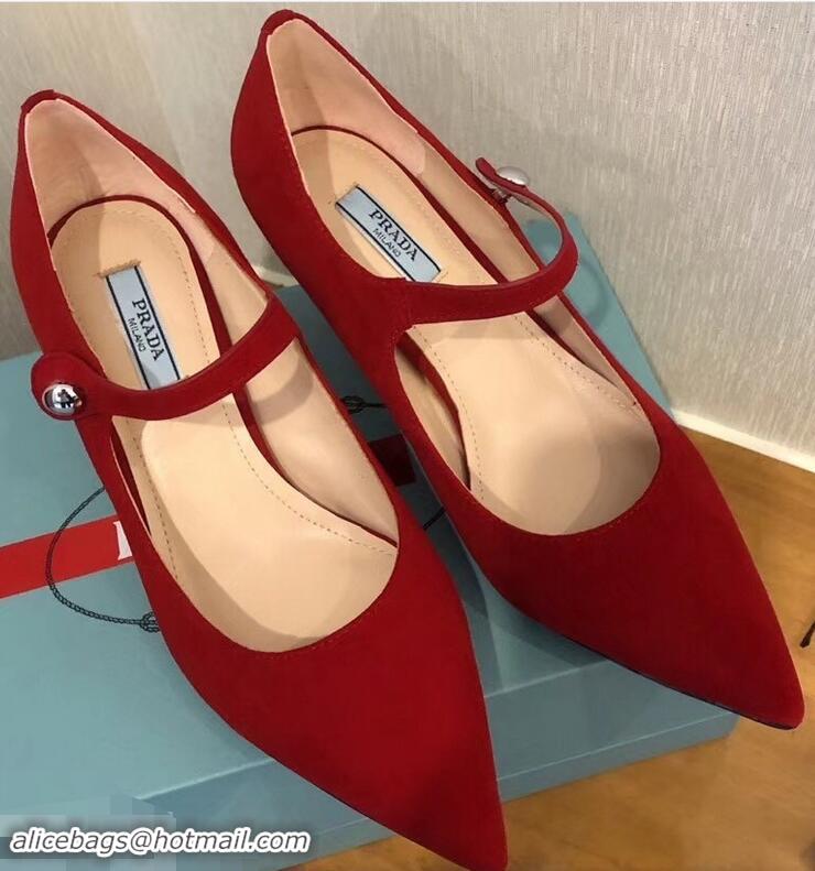 Hot Sale Prada Heel 6cm Strap with Button Pumps P96311 Suede Red 2019