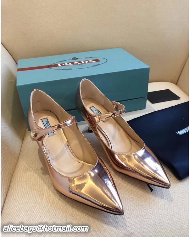 New Style Prada Heel 6cm Strap with Button Pumps P96313 Metallic Pink Gold 2019