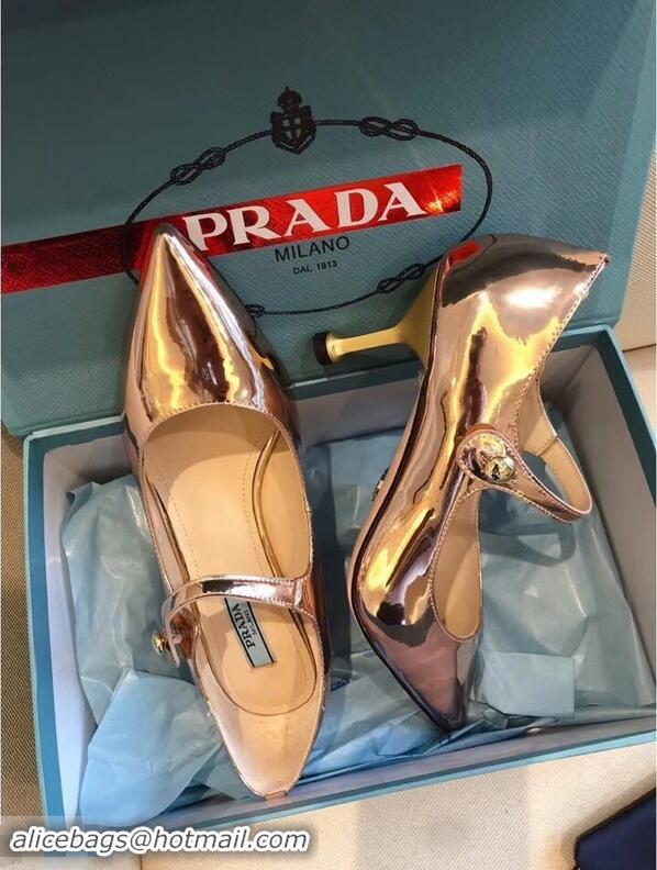 New Style Prada Heel 6cm Strap with Button Pumps P96313 Metallic Pink Gold 2019