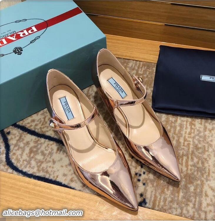 New Style Prada Heel 6cm Strap with Button Pumps P96313 Metallic Pink Gold 2019