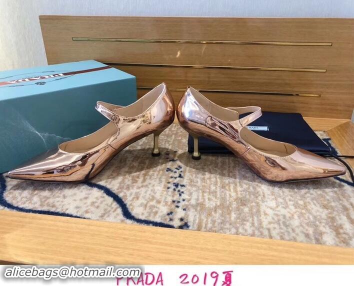 New Style Prada Heel 6cm Strap with Button Pumps P96313 Metallic Pink Gold 2019