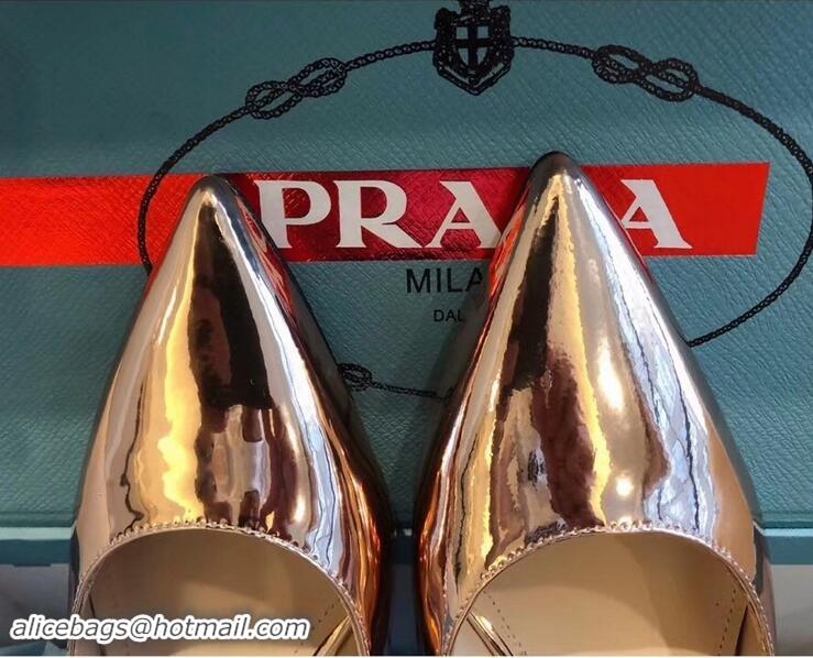 New Style Prada Heel 6cm Strap with Button Pumps P96313 Metallic Pink Gold 2019