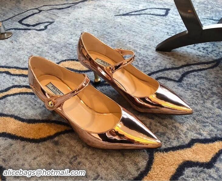 New Style Prada Heel 6cm Strap with Button Pumps P96313 Metallic Pink Gold 2019