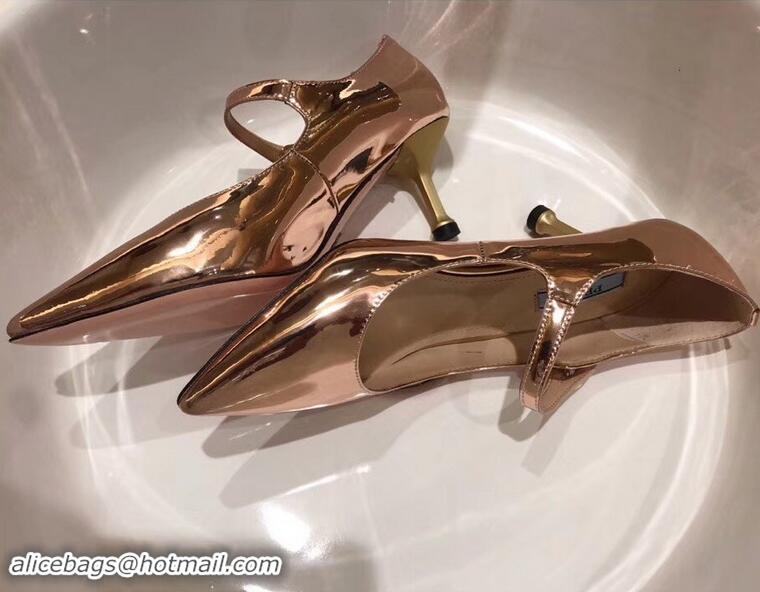 New Style Prada Heel 6cm Strap with Button Pumps P96313 Metallic Pink Gold 2019