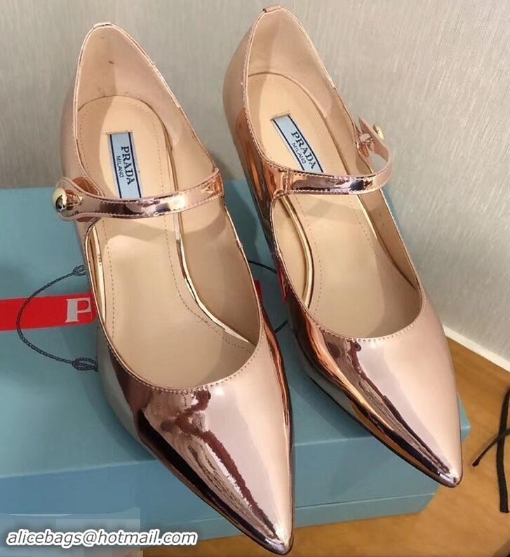 New Style Prada Heel 6cm Strap with Button Pumps P96313 Metallic Pink Gold 2019