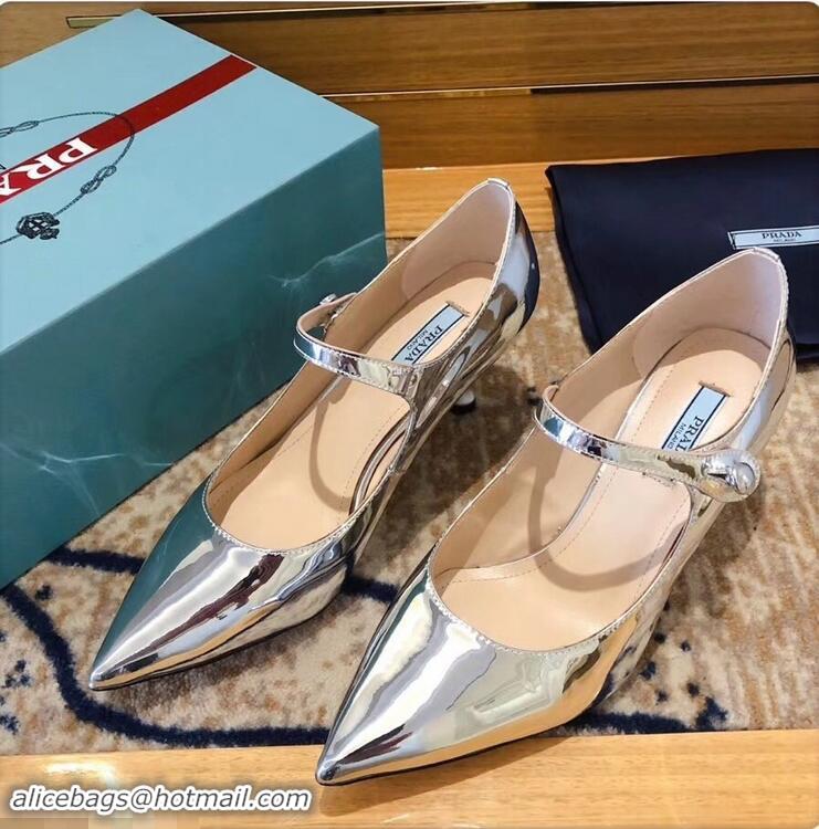 Discount Prada Heel 6cm Strap with Button Pumps P96313 Metallic Silver 2019