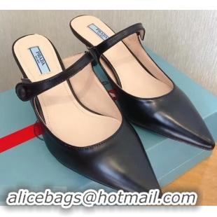 Latest Prada Heel 6cm Strap with Button Mules P96316 Leather Black 2019