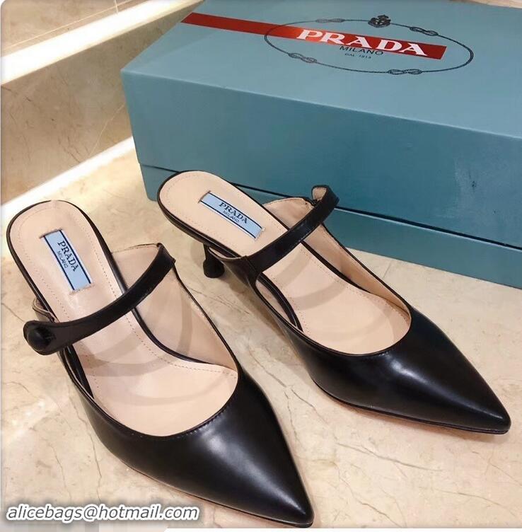 Latest Prada Heel 6cm Strap with Button Mules P96316 Leather Black 2019