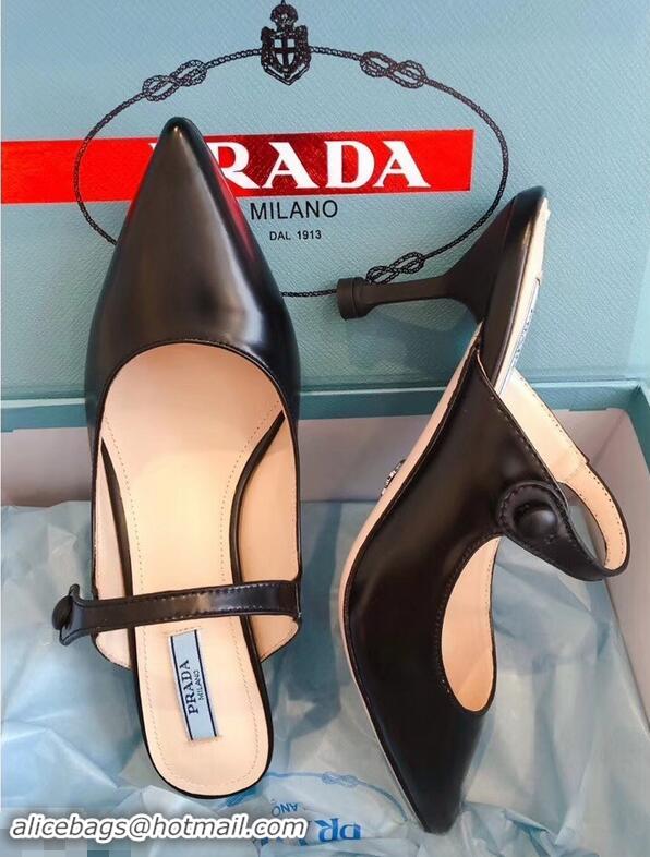 Latest Prada Heel 6cm Strap with Button Mules P96316 Leather Black 2019