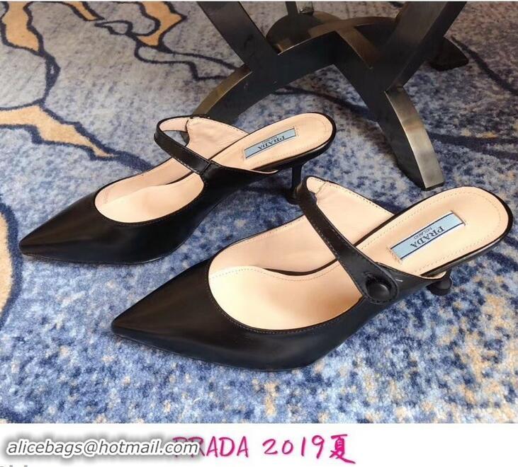 Latest Prada Heel 6cm Strap with Button Mules P96316 Leather Black 2019