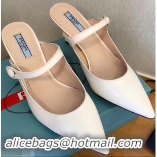 Discount Prada Heel 6cm Strap with Button Mules P96316 Leather White 2019