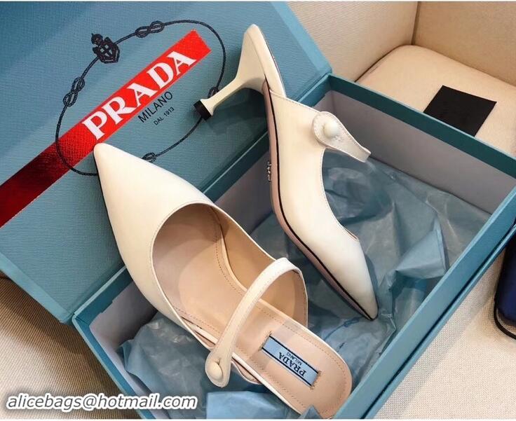 Discount Prada Heel 6cm Strap with Button Mules P96316 Leather White 2019