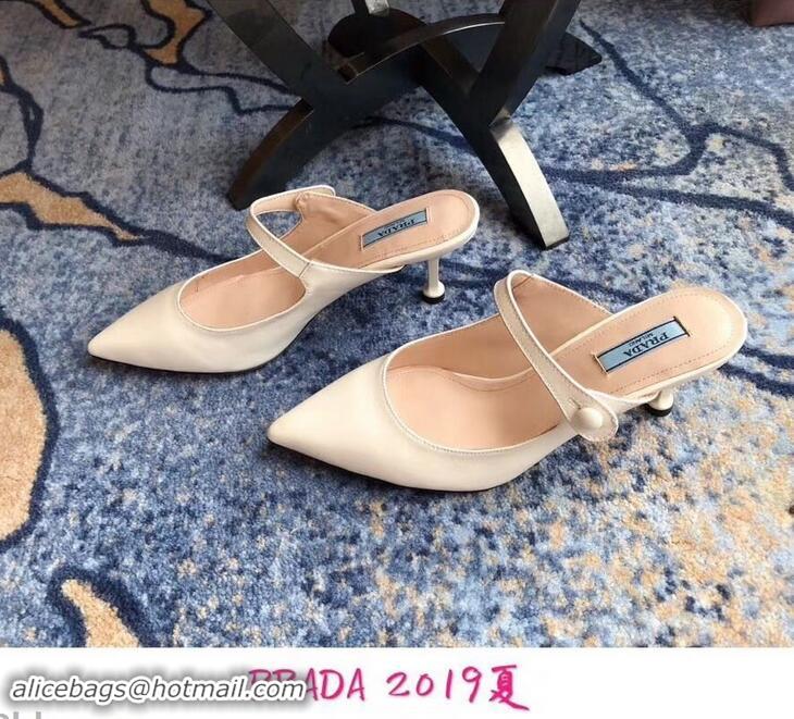 Discount Prada Heel 6cm Strap with Button Mules P96316 Leather White 2019