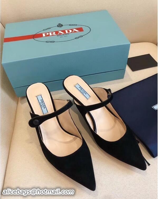 Low Price Prada Heel 6cm Strap with Button Mules P96318 Suede Black 2019