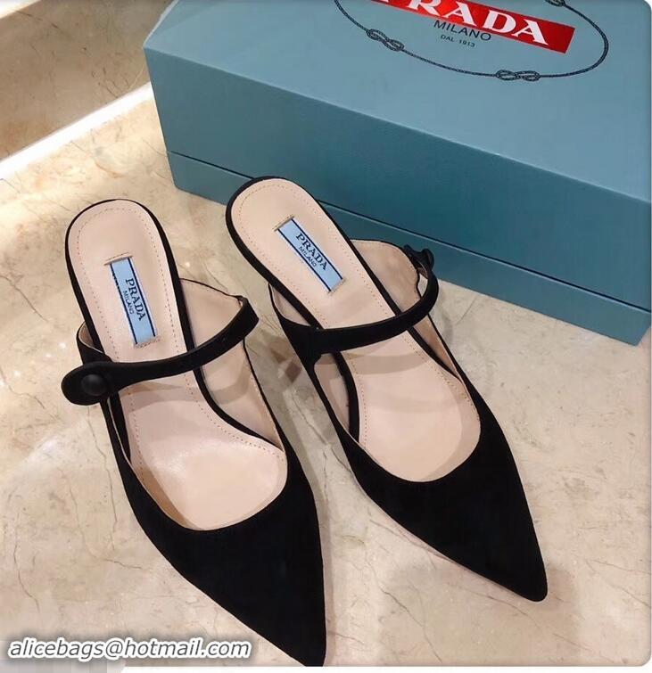 Low Price Prada Heel 6cm Strap with Button Mules P96318 Suede Black 2019