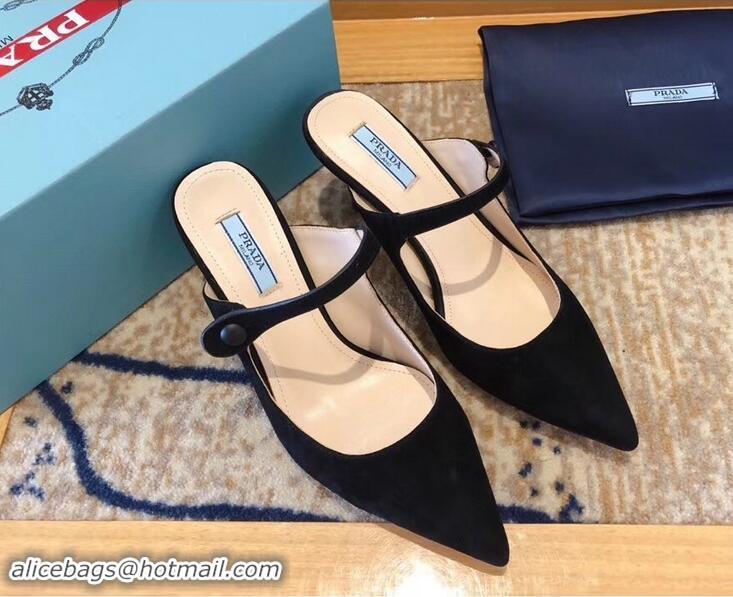 Low Price Prada Heel 6cm Strap with Button Mules P96318 Suede Black 2019