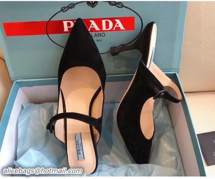 Low Price Prada Heel 6cm Strap with Button Mules P96318 Suede Black 2019