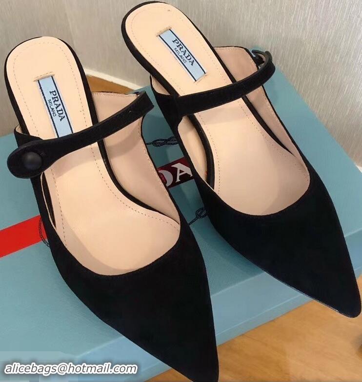 Low Price Prada Heel 6cm Strap with Button Mules P96318 Suede Black 2019