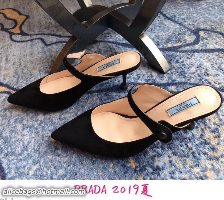 Low Price Prada Heel 6cm Strap with Button Mules P96318 Suede Black 2019