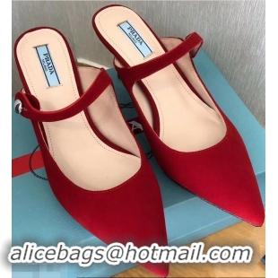 OUTLETS Prada Heel 6cm Strap with Button Mules P96318 Suede Red 2019